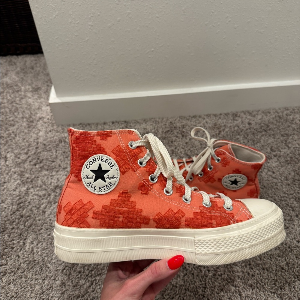 Unique peach orange Converse platform high tops size 9 embroidery design